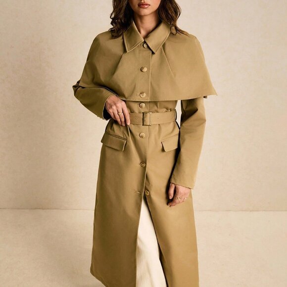 Khaki Women's Casual Longline Cape-Shoulder Storm Flap Overcoat - Picture 3 of 8